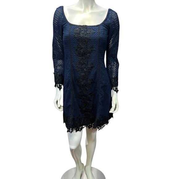 Sara Campbell Navy Blue Cotton Crochet Lace Dress Square Neck USA Made  Size S/M - Picture 14 of 16